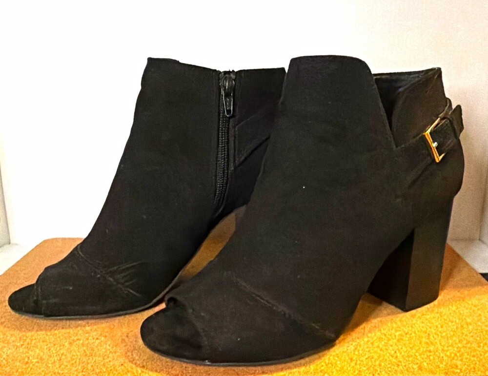 Apt. 9 Women's Black Suede Open Toe Ankle Bootie Zip Block High Heel 8